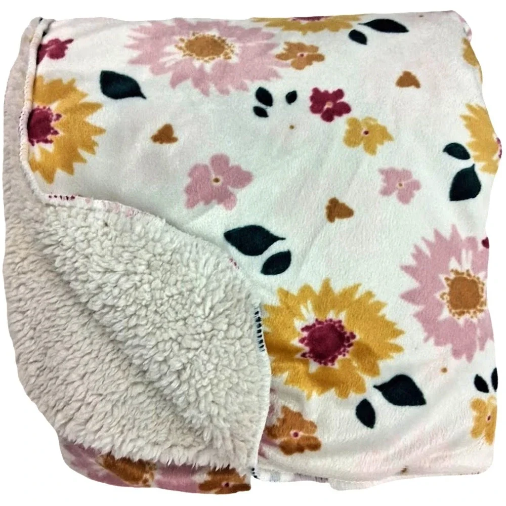 JCV Group RN: 150856 Beige Floral Baby Blanket Sunflower Pink Yellow Sherpa htf